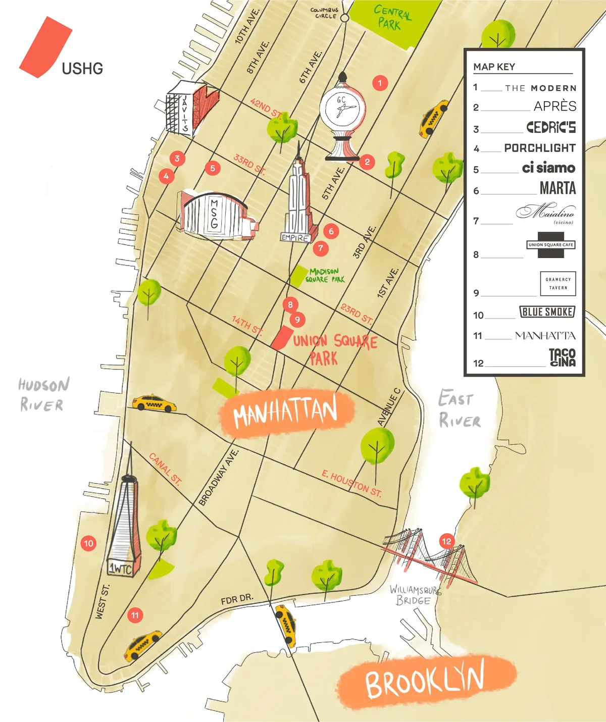 Hand-drawn map of every USHG restaurant in New York